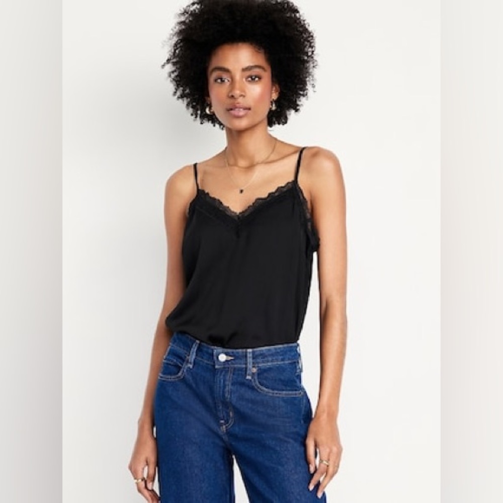 NWT Old Navy Lace-Trim Satin Cami Top, Size Medium, Black Jack